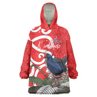 Personalized New Zealand Pukeko Christmas Wearable Blanket Hoodie Meri Kirihimete Taniko Ponga Koru Red - Polynesian Pride