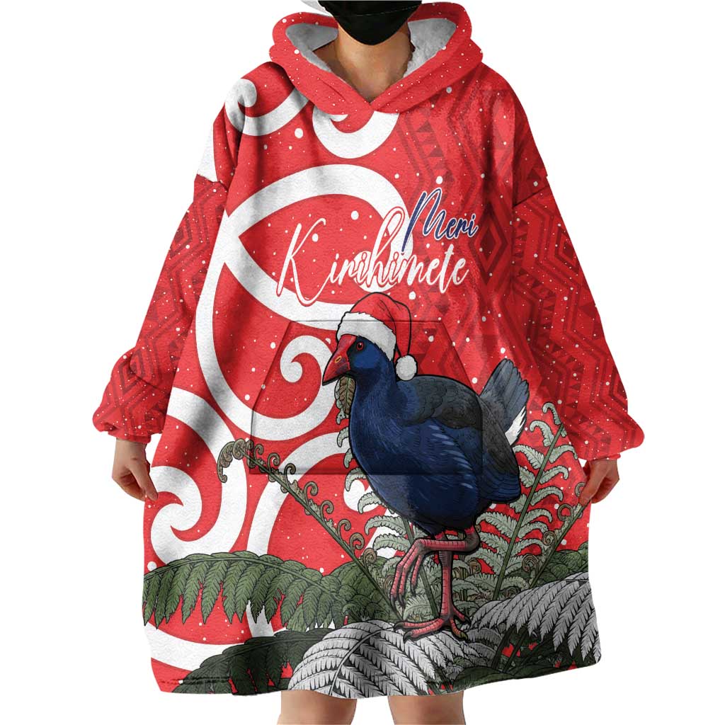 Personalized New Zealand Pukeko Christmas Wearable Blanket Hoodie Meri Kirihimete Taniko Ponga Koru Red - Polynesian Pride