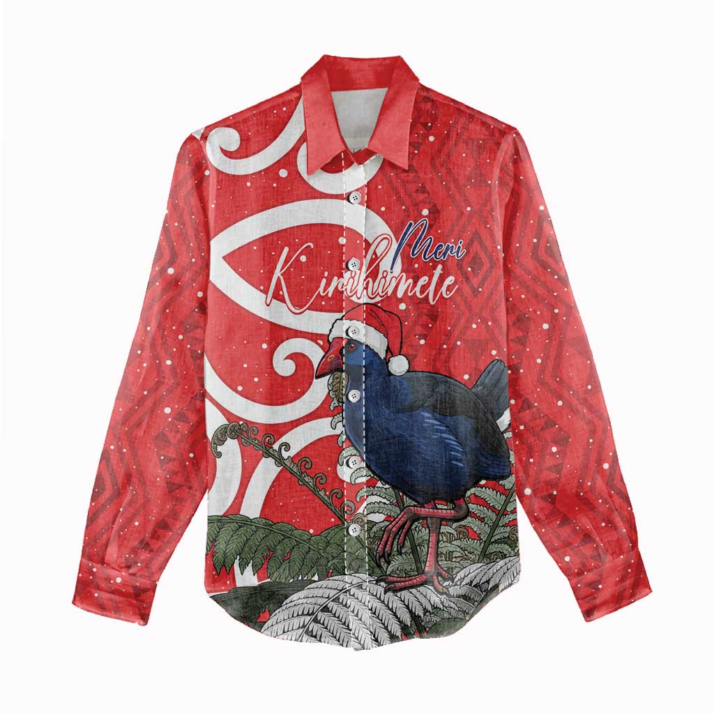 Personalized New Zealand Pukeko Christmas Women Casual Shirt Meri Kirihimete Taniko Ponga Koru Red - Polynesian Pride