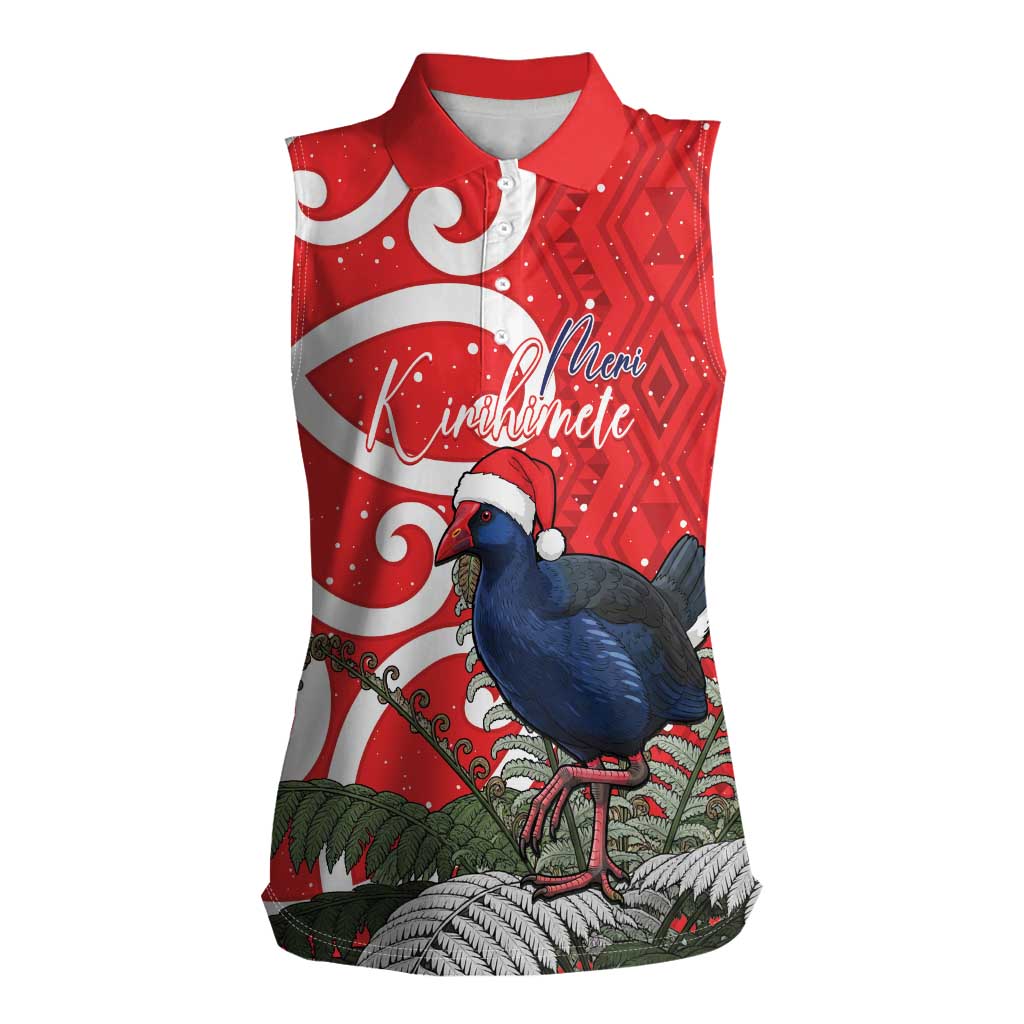Personalized New Zealand Pukeko Christmas Women Sleeveless Polo Shirt Meri Kirihimete Taniko Ponga Koru Red - Polynesian Pride
