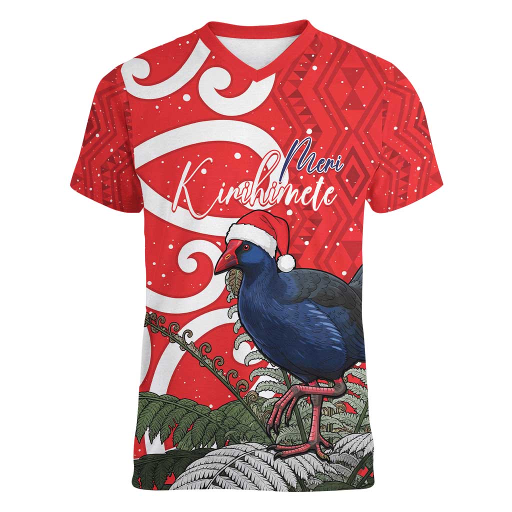 Personalized New Zealand Pukeko Christmas Women V-Neck T-Shirt Meri Kirihimete Taniko Ponga Koru Red - Polynesian Pride