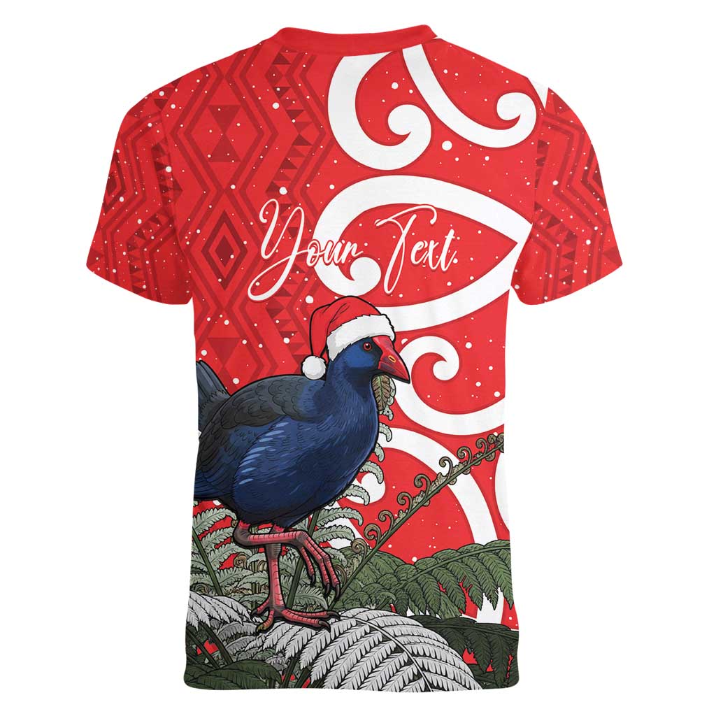 Personalized New Zealand Pukeko Christmas Women V-Neck T-Shirt Meri Kirihimete Taniko Ponga Koru Red - Polynesian Pride