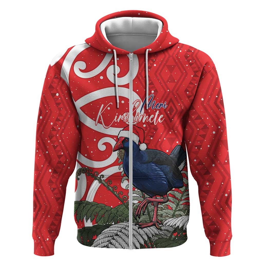 Personalized New Zealand Pukeko Christmas Zip Hoodie Meri Kirihimete Taniko Ponga Koru Red - Polynesian Pride