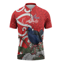 Personalized New Zealand Pukeko Christmas Zipper Polo Shirt Meri Kirihimete Taniko Ponga Koru Red - Polynesian Pride
