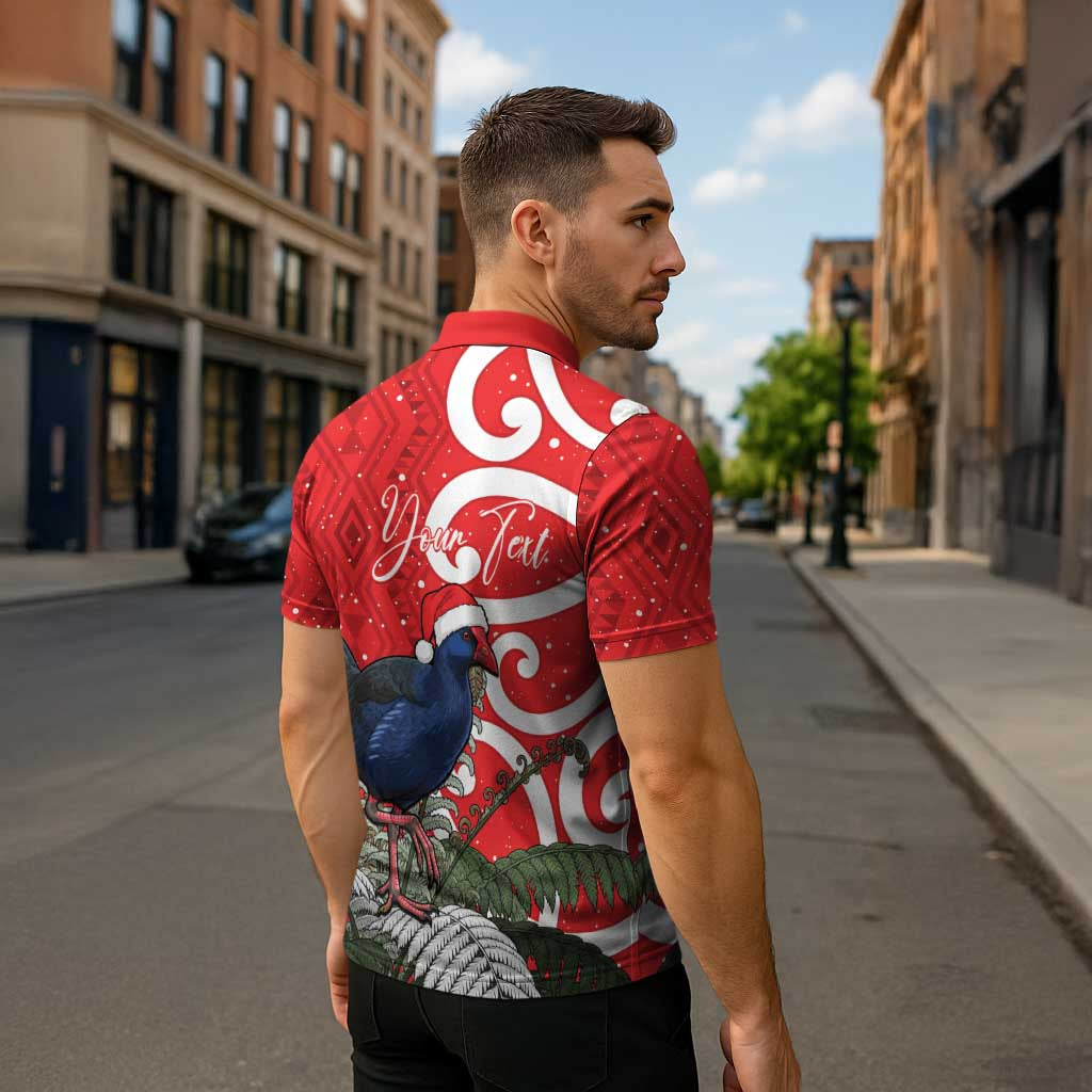 Personalized New Zealand Pukeko Christmas Zipper Polo Shirt Meri Kirihimete Taniko Ponga Koru Red - Polynesian Pride