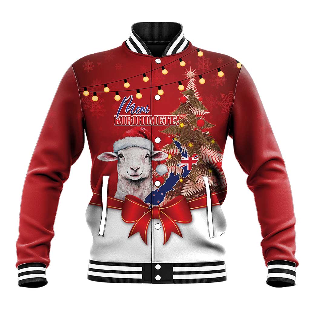 Personalized New Zealand Sheep Christmas Baseball Jacket Hipi Meri Kirihimete Silver Fern Xmas Tree - Polynesian Pride
