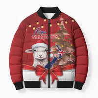Personalized New Zealand Sheep Christmas Bomber Puffer Jacket Hipi Meri Kirihimete Silver Fern Xmas Tree - Polynesian Pride