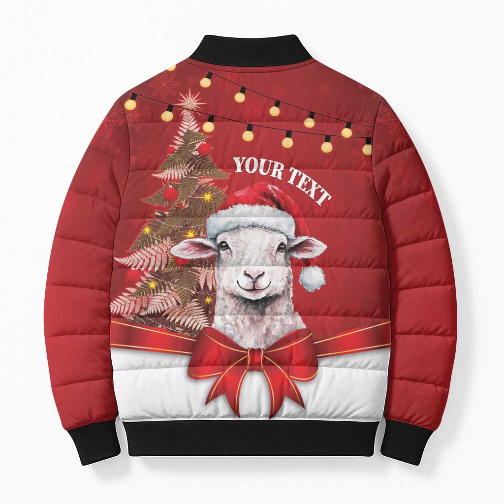 Personalized New Zealand Sheep Christmas Bomber Puffer Jacket Hipi Meri Kirihimete Silver Fern Xmas Tree - Polynesian Pride