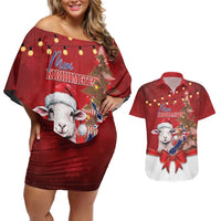 Personalized New Zealand Sheep Christmas Couples Matching Off Shoulder Short Dress and Hawaiian Shirt Hipi Meri Kirihimete Silver Fern Xmas Tree - Polynesian Pride