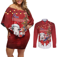 Personalized New Zealand Sheep Christmas Couples Matching Off Shoulder Short Dress and Long Sleeve Button Shirt Hipi Meri Kirihimete Silver Fern Xmas Tree - Polynesian Pride