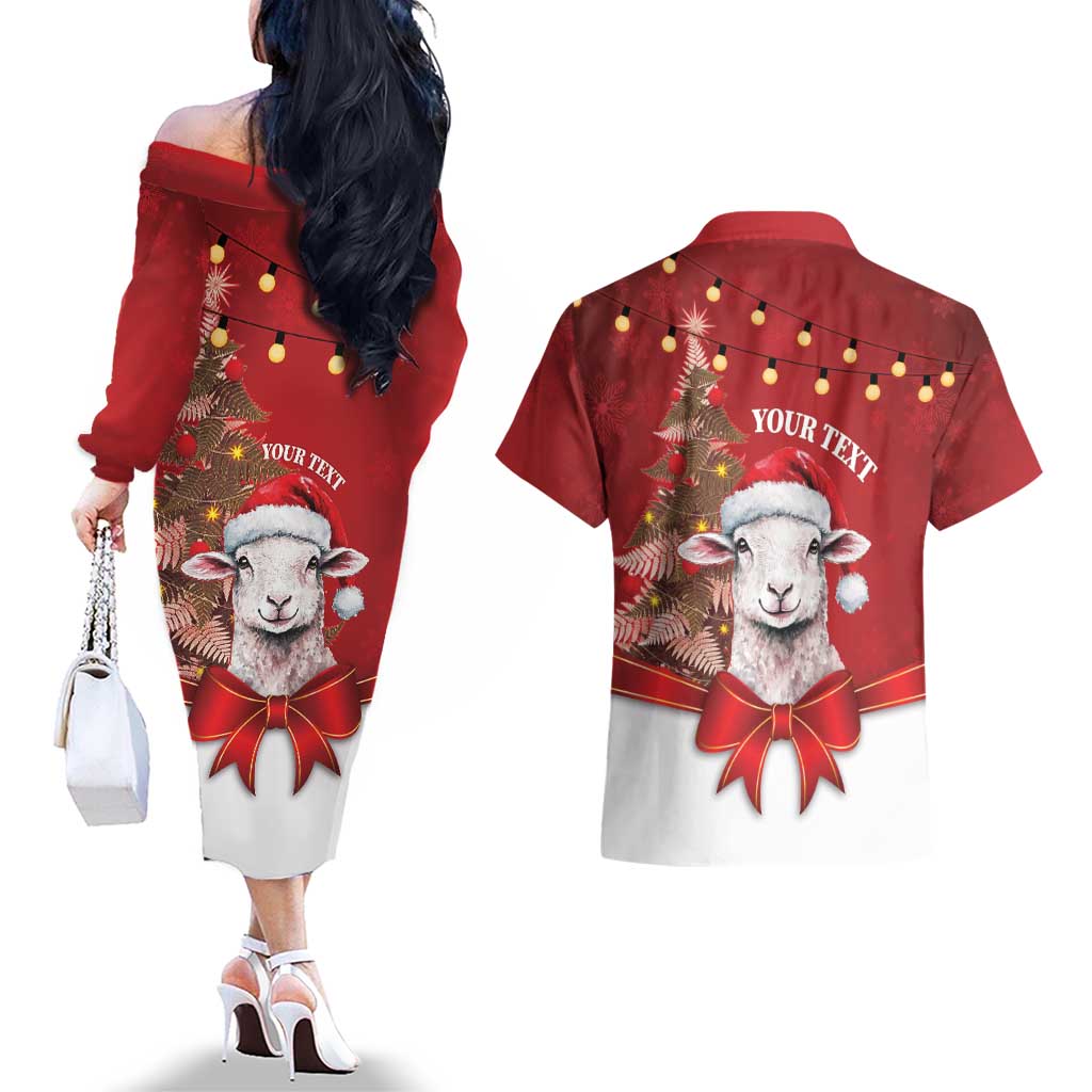 Personalized New Zealand Sheep Christmas Couples Matching Off The Shoulder Long Sleeve Dress and Hawaiian Shirt Hipi Meri Kirihimete Silver Fern Xmas Tree - Polynesian Pride