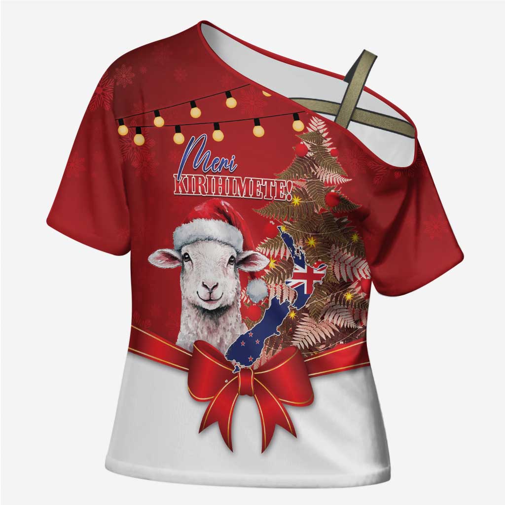 Personalized New Zealand Sheep Christmas Cross Shoulder Shirt Hipi Meri Kirihimete Silver Fern Xmas Tree - Polynesian Pride