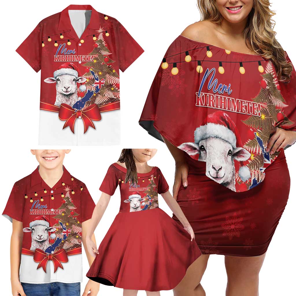 Personalized New Zealand Sheep Christmas Family Matching Off Shoulder Short Dress and Hawaiian Shirt Hipi Meri Kirihimete Silver Fern Xmas Tree - Polynesian Pride