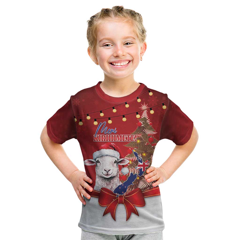 Personalized New Zealand Sheep Christmas Kid T Shirt Hipi Meri Kirihimete Silver Fern Xmas Tree - Polynesian Pride