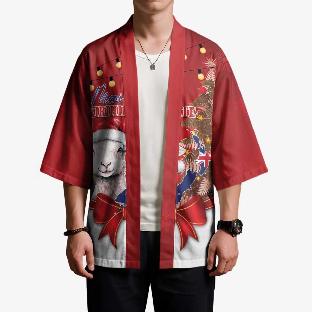 Personalized New Zealand Sheep Christmas Kimono Hipi Meri Kirihimete Silver Fern Xmas Tree - Polynesian Pride