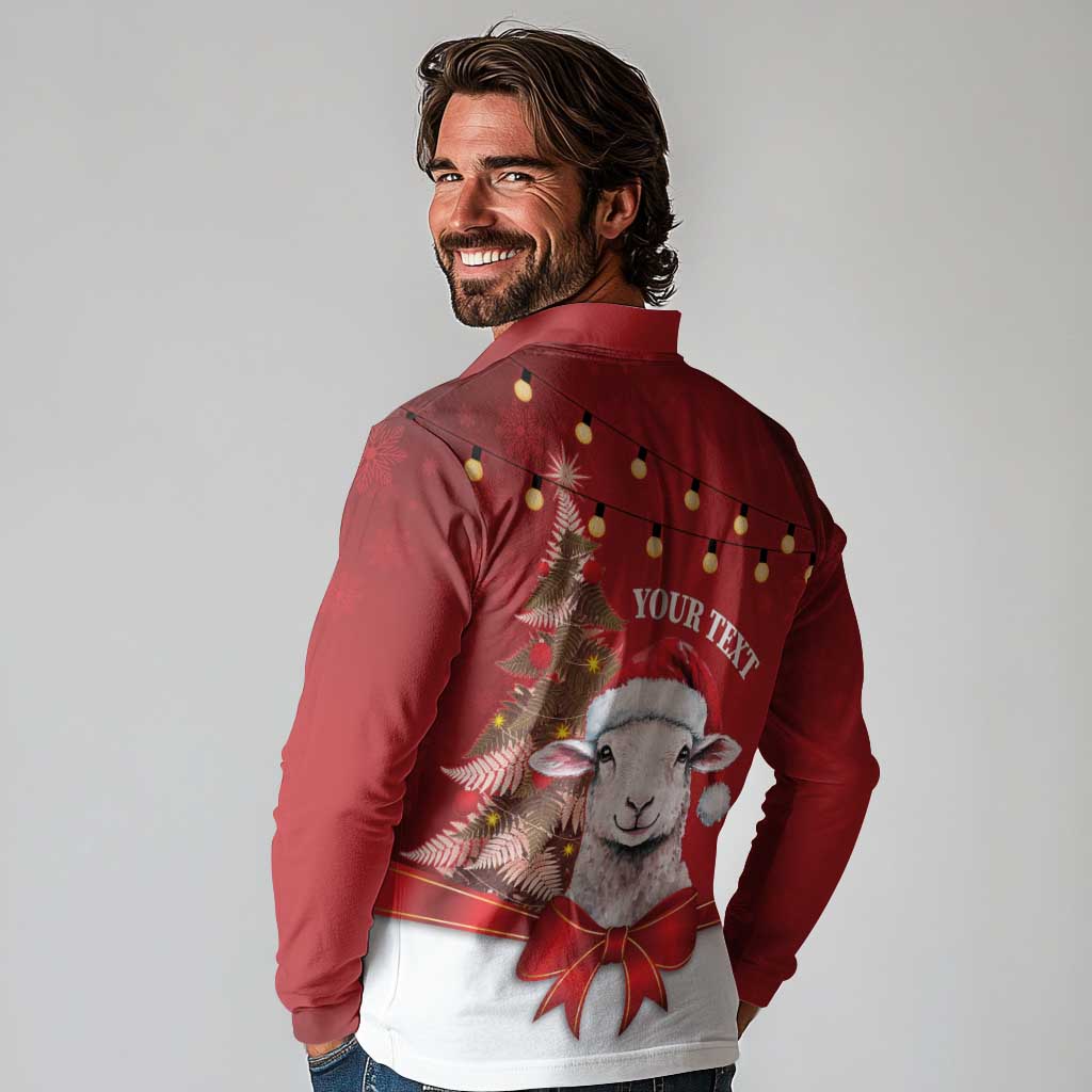 Personalized New Zealand Sheep Christmas Long Sleeve Polo Shirt Hipi Meri Kirihimete Silver Fern Xmas Tree - Polynesian Pride