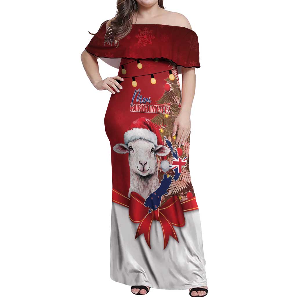 Personalized New Zealand Sheep Christmas Off Shoulder Maxi Dress Hipi Meri Kirihimete Silver Fern Xmas Tree - Polynesian Pride