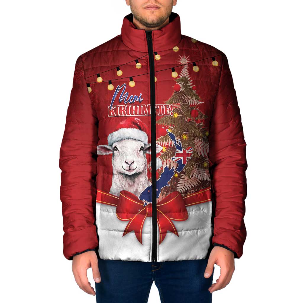 Personalized New Zealand Sheep Christmas Padded Jacket Hipi Meri Kirihimete Silver Fern Xmas Tree - Polynesian Pride