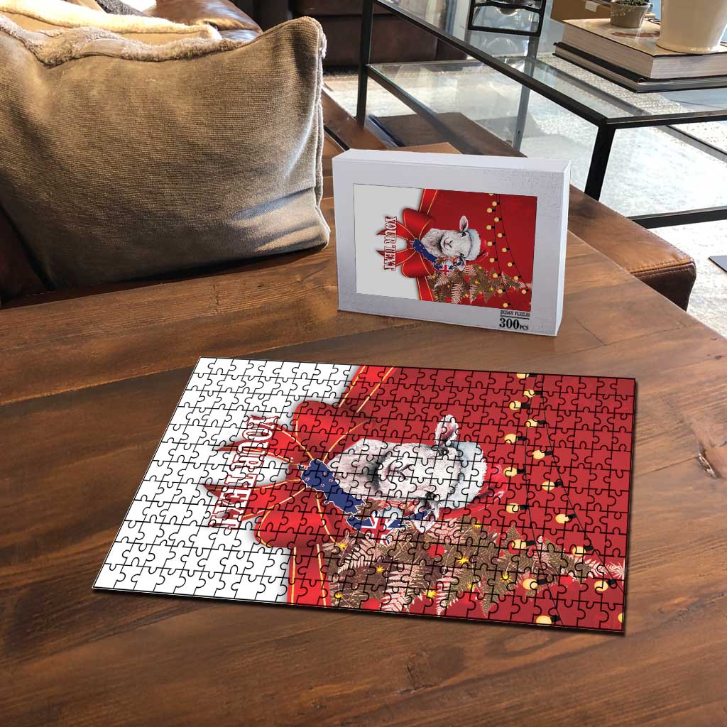Personalized New Zealand Sheep Christmas Puzzle Hipi Meri Kirihimete Silver Fern Xmas Tree - Polynesian Pride