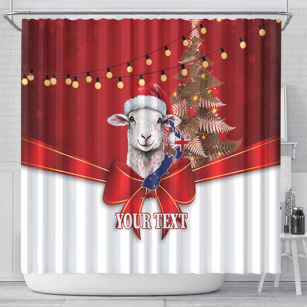 Personalized New Zealand Sheep Christmas Shower Curtain Hipi Meri Kirihimete Silver Fern Xmas Tree - Polynesian Pride