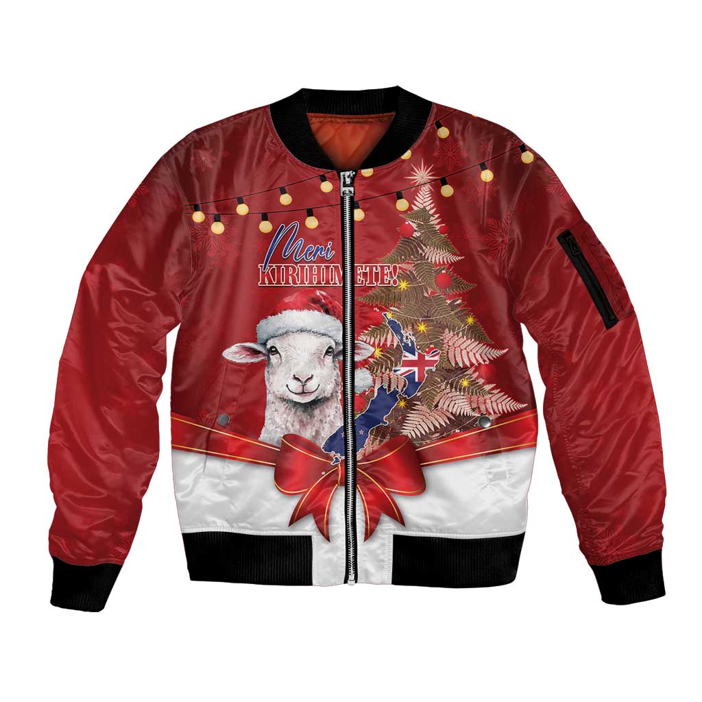 Personalized New Zealand Sheep Christmas Sleeve Zip Bomber Jacket Hipi Meri Kirihimete Silver Fern Xmas Tree - Polynesian Pride