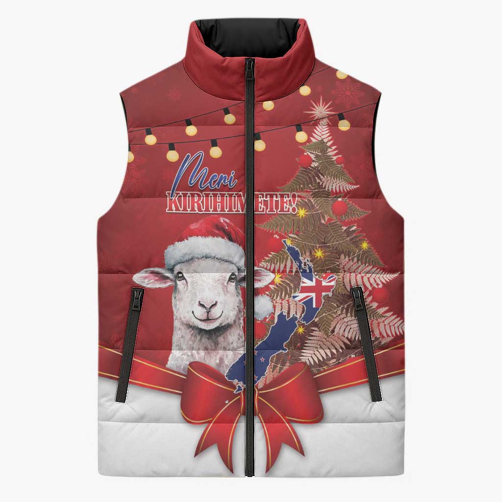 Personalized New Zealand Sheep Christmas Sleeveless Puffer Jacket Hipi Meri Kirihimete Silver Fern Xmas Tree - Polynesian Pride