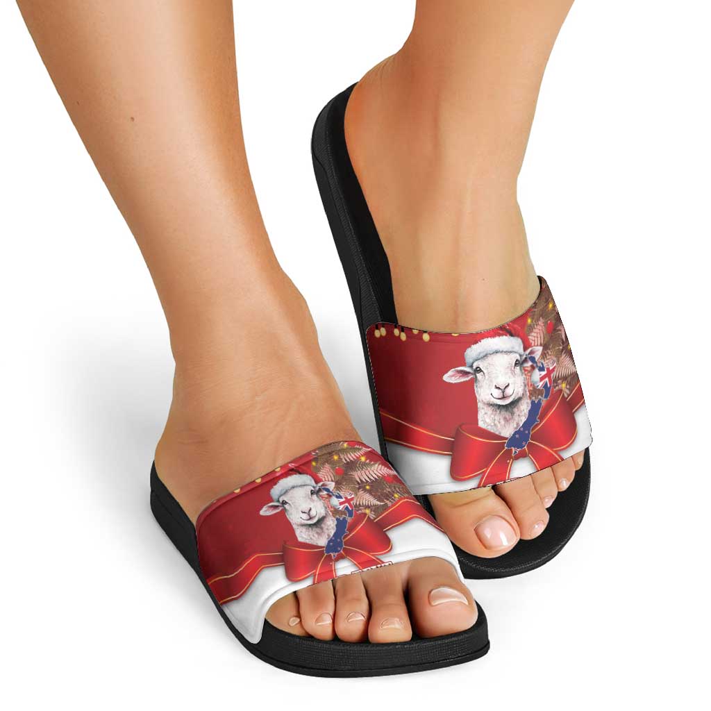 Personalized New Zealand Sheep Christmas Slide Sandals Hipi Meri Kirihimete Silver Fern Xmas Tree - Polynesian Pride