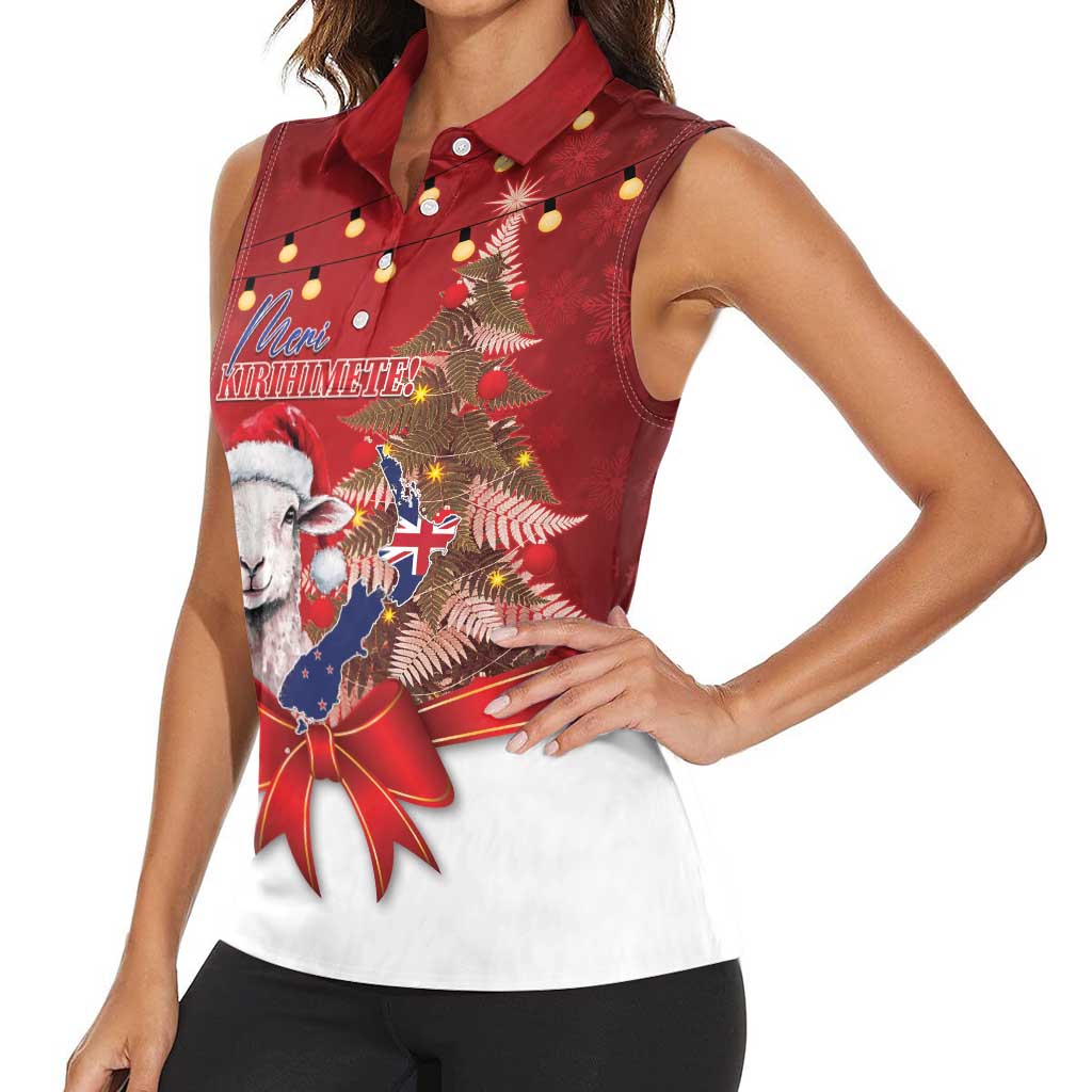 Personalized New Zealand Sheep Christmas Women Sleeveless Polo Shirt Hipi Meri Kirihimete Silver Fern Xmas Tree - Polynesian Pride