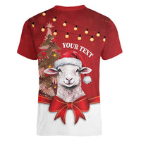 Personalized New Zealand Sheep Christmas Women V-Neck T-Shirt Hipi Meri Kirihimete Silver Fern Xmas Tree - Polynesian Pride