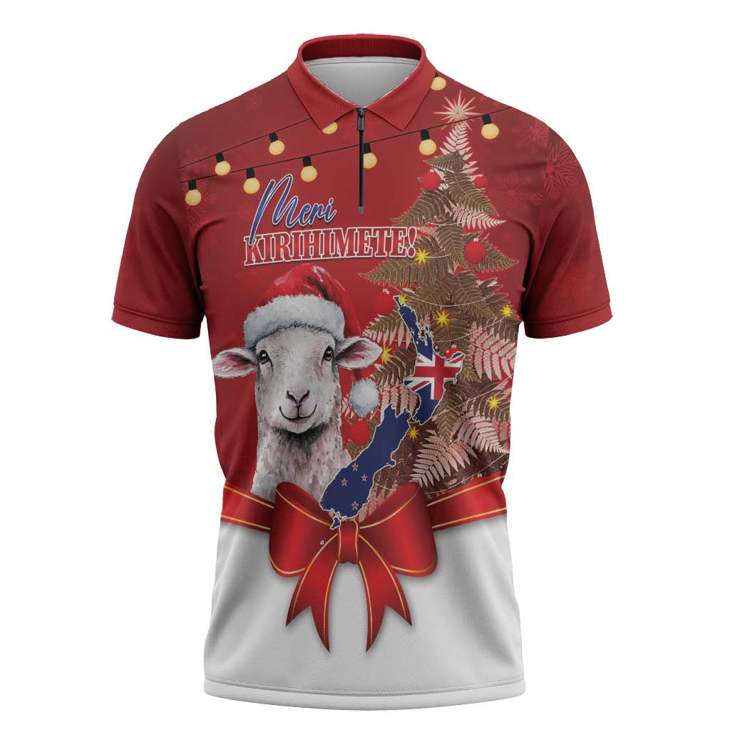 Personalized New Zealand Sheep Christmas Zipper Polo Shirt Hipi Meri Kirihimete Silver Fern Xmas Tree - Polynesian Pride