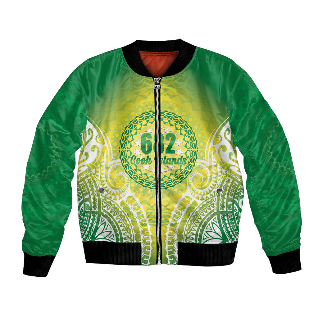 Cook Islands 682 Bomber Jacket Kuki 'Airani Area Code Proud LT14 Unisex Green - Polynesian Pride