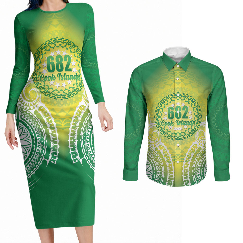 Cook Islands 682 Couples Matching Long Sleeve Bodycon Dress and Long Sleeve Button Shirt Kuki 'Airani Area Code Proud LT14 Green - Polynesian Pride