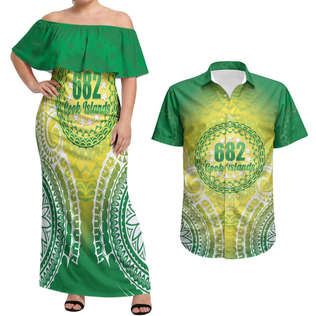 Cook Islands 682 Couples Matching Off Shoulder Maxi Dress and Hawaiian Shirt Kuki 'Airani Area Code Proud LT14 Green - Polynesian Pride