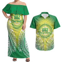 Cook Islands 682 Couples Matching Off Shoulder Maxi Dress and Hawaiian Shirt Kuki 'Airani Area Code Proud LT14 Green - Polynesian Pride