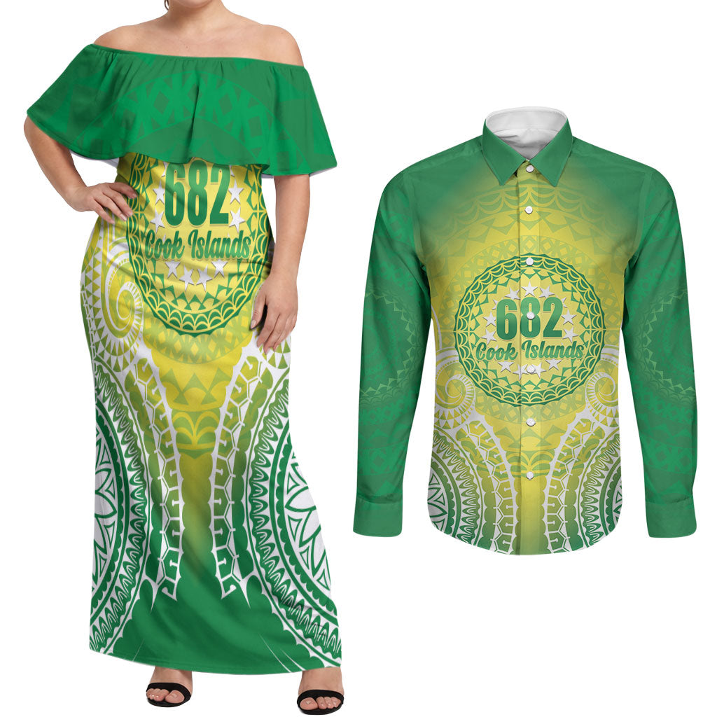 Cook Islands 682 Couples Matching Off Shoulder Maxi Dress and Long Sleeve Button Shirt Kuki 'Airani Area Code Proud LT14 Green - Polynesian Pride