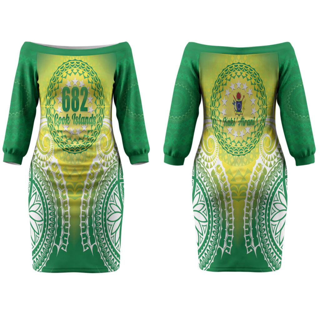 Cook Islands 682 Couples Matching Off The Shoulder Long Sleeve Dress and Long Sleeve Button Shirt Kuki 'Airani Area Code Proud LT14 - Polynesian Pride