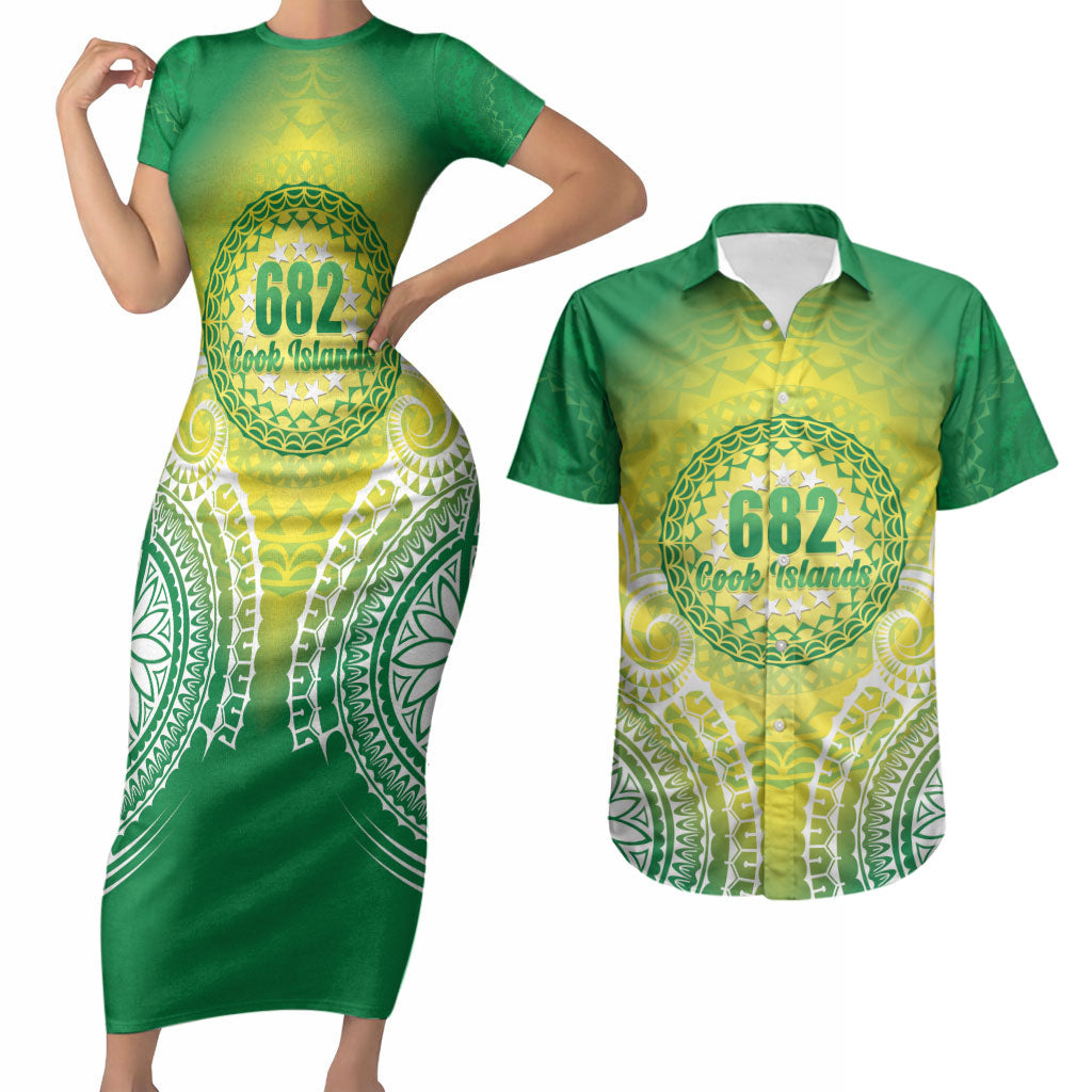 Cook Islands 682 Couples Matching Short Sleeve Bodycon Dress and Hawaiian Shirt Kuki 'Airani Area Code Proud LT14 Green - Polynesian Pride