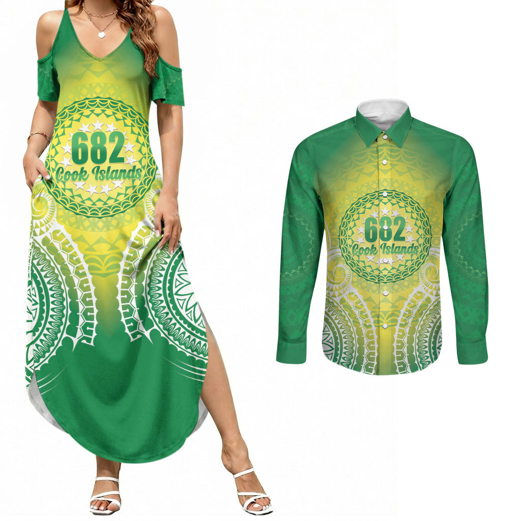 Cook Islands 682 Couples Matching Summer Maxi Dress and Long Sleeve Button Shirt Kuki 'Airani Area Code Proud LT14 Green - Polynesian Pride