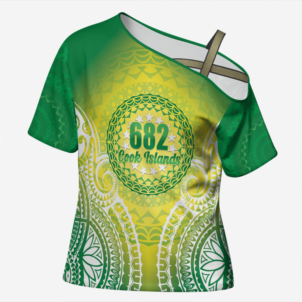 Cook Islands 682 Cross Shoulder Shirt Kuki 'Airani Area Code Proud LT14 Female Green - Polynesian Pride