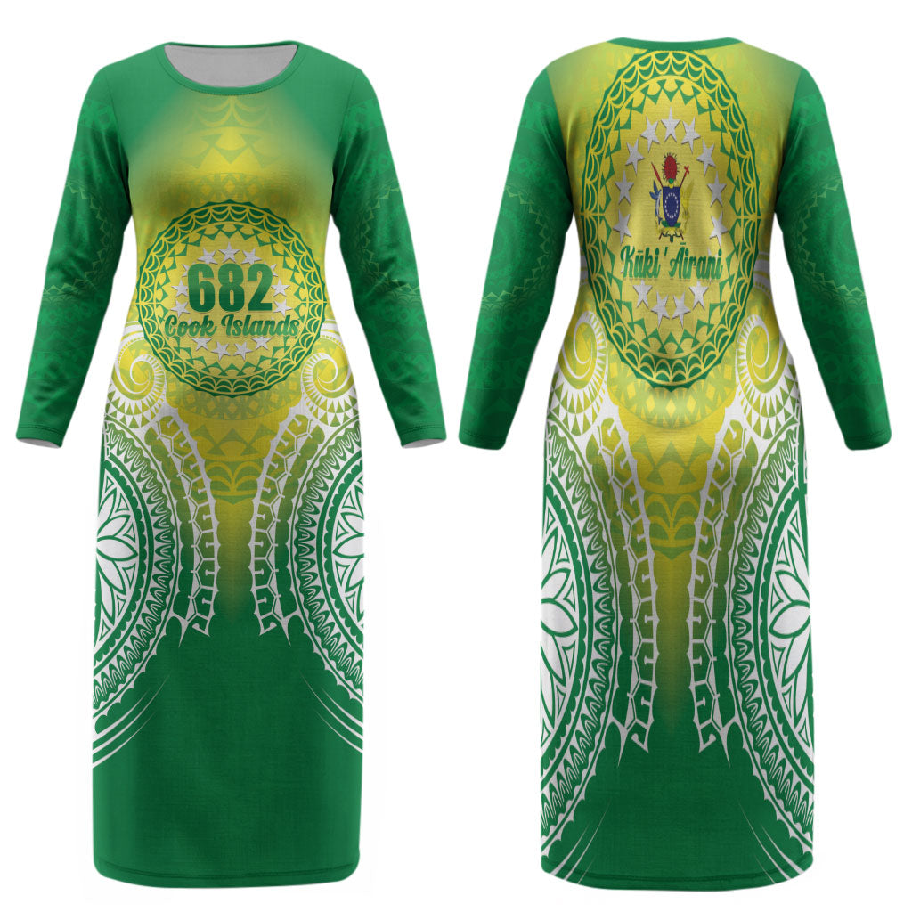 Cook Islands 682 Family Matching Long Sleeve Bodycon Dress and Hawaiian Shirt Kuki 'Airani Area Code Proud LT14 Mom's Dress Green - Polynesian Pride