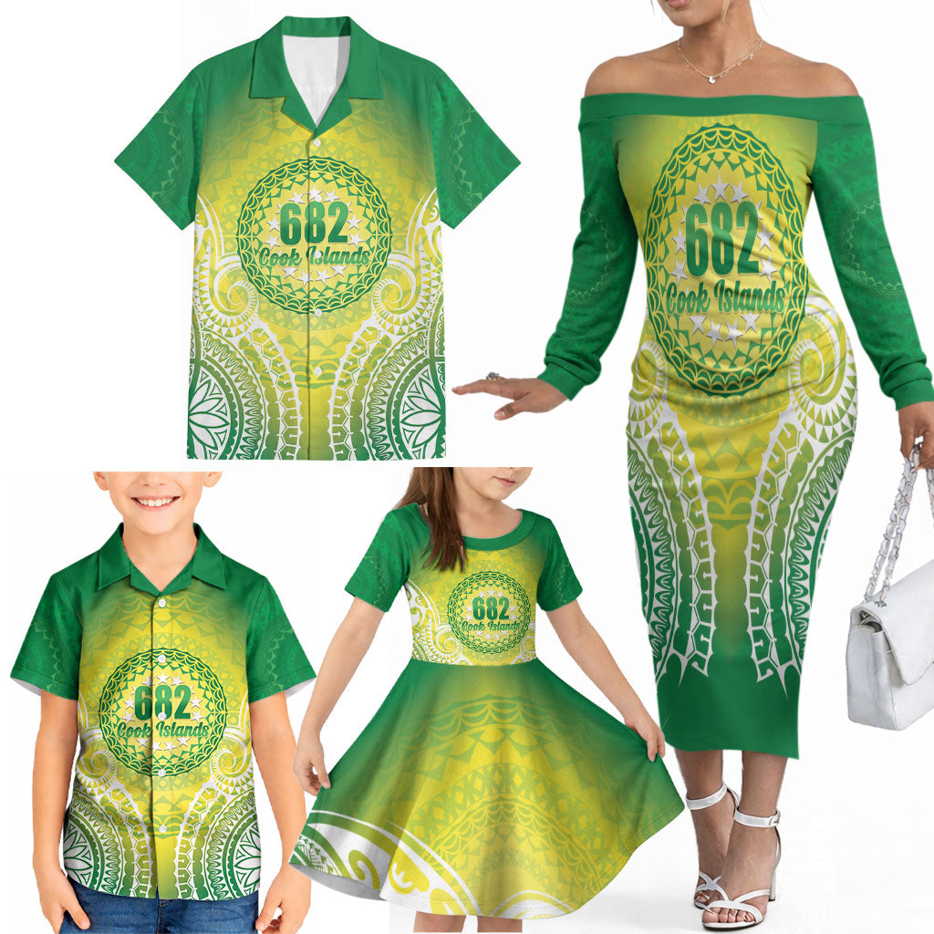 Cook Islands 682 Family Matching Off The Shoulder Long Sleeve Dress and Hawaiian Shirt Kuki 'Airani Area Code Proud LT14 - Polynesian Pride