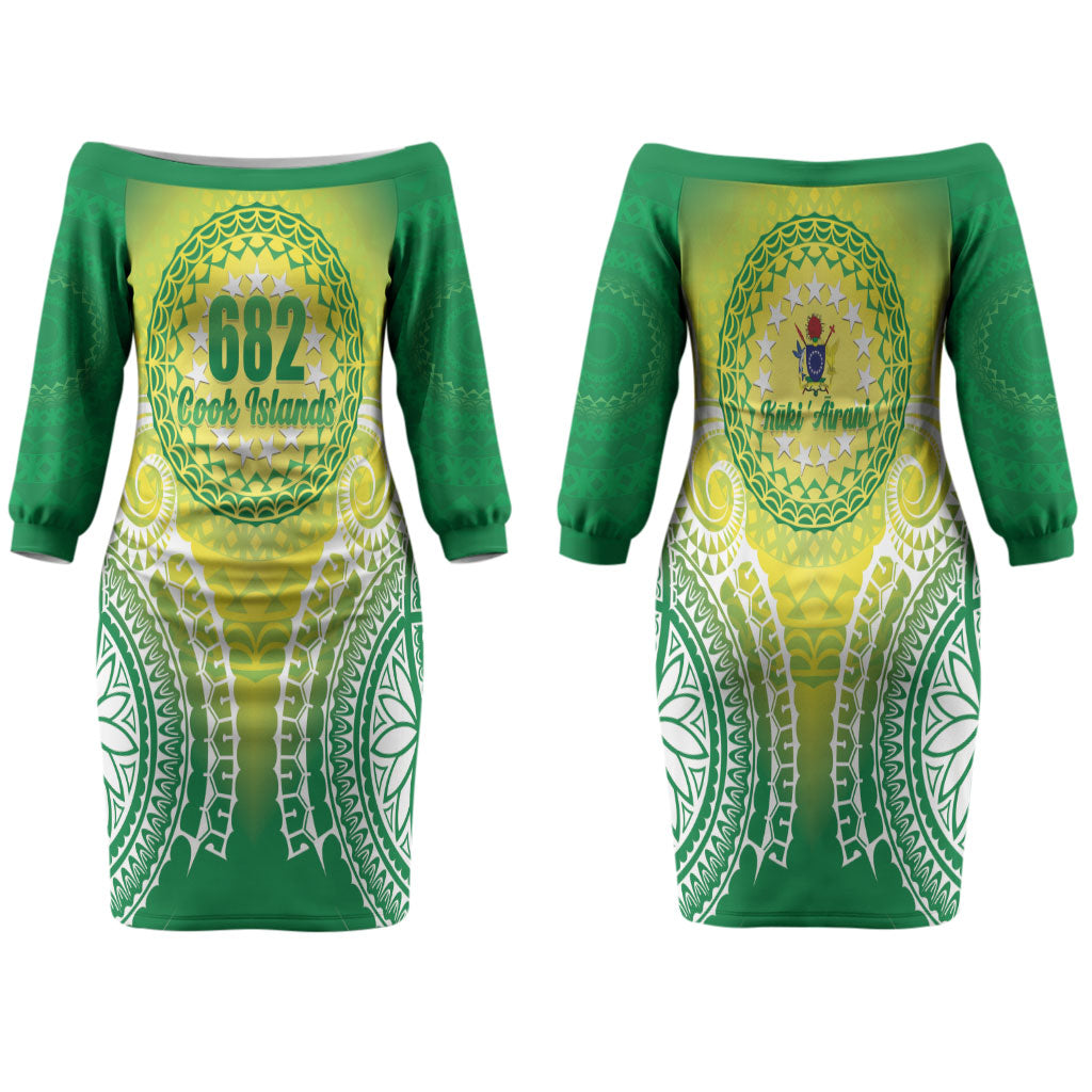 Cook Islands 682 Family Matching Off The Shoulder Long Sleeve Dress and Hawaiian Shirt Kuki 'Airani Area Code Proud LT14 Mom's Dress Green - Polynesian Pride