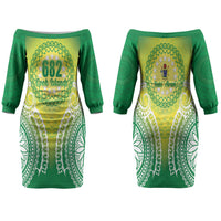 Cook Islands 682 Family Matching Off The Shoulder Long Sleeve Dress and Hawaiian Shirt Kuki 'Airani Area Code Proud LT14 Mom's Dress Green - Polynesian Pride