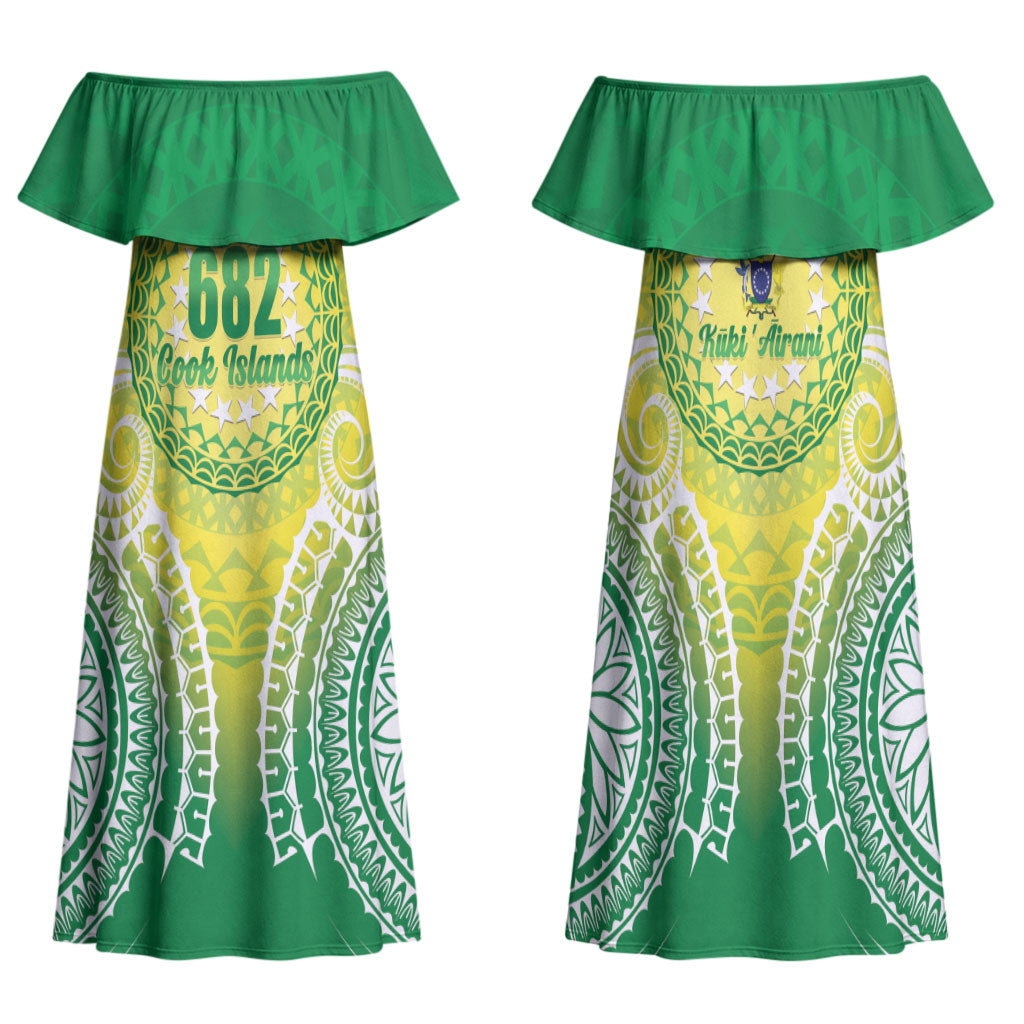 Cook Islands 682 Family Matching Off Shoulder Maxi Dress and Hawaiian Shirt Kuki 'Airani Area Code Proud LT14 Mom's Dress Green - Polynesian Pride