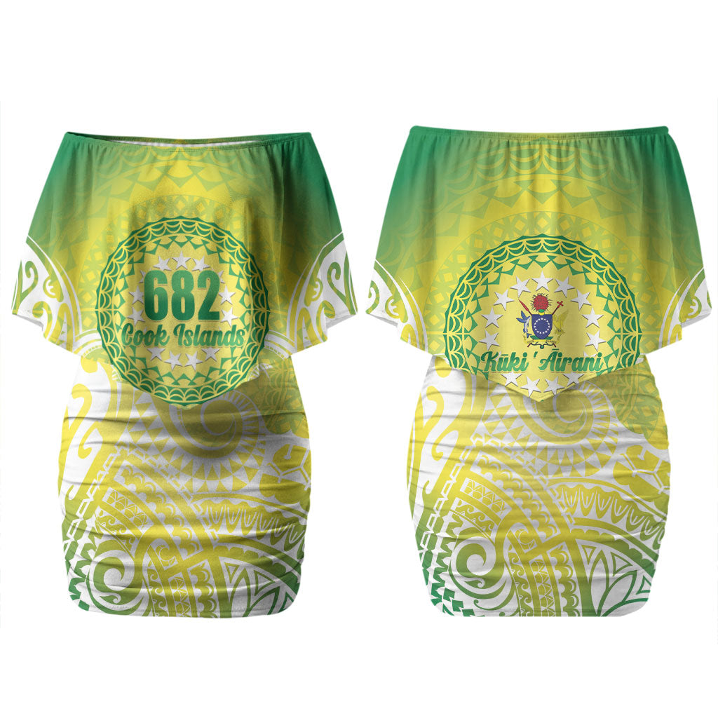 Cook Islands 682 Family Matching Off Shoulder Short Dress and Hawaiian Shirt Kuki 'Airani Area Code Proud LT14 Mom's Dress Green - Polynesian Pride