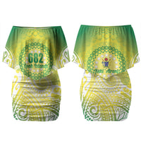 Cook Islands 682 Family Matching Off Shoulder Short Dress and Hawaiian Shirt Kuki 'Airani Area Code Proud LT14 Mom's Dress Green - Polynesian Pride