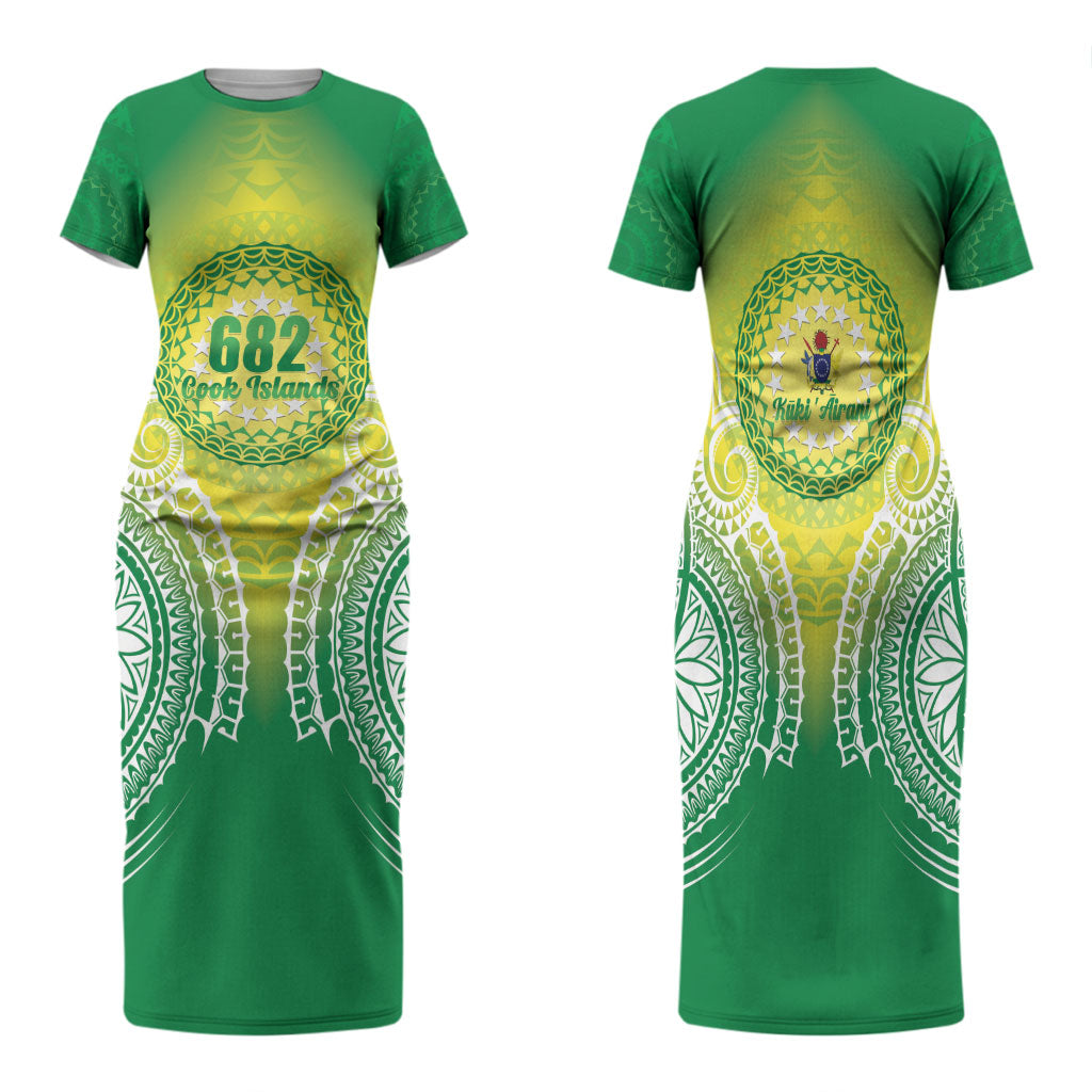 Cook Islands 682 Family Matching Short Sleeve Bodycon Dress and Hawaiian Shirt Kuki 'Airani Area Code Proud LT14 Mom's Dress Green - Polynesian Pride