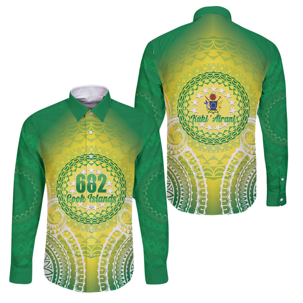 Cook Islands 682 Family Matching Summer Maxi Dress and Hawaiian Shirt Kuki 'Airani Area Code Proud LT14 Dad's Shirt - Long Sleeve Green - Polynesian Pride