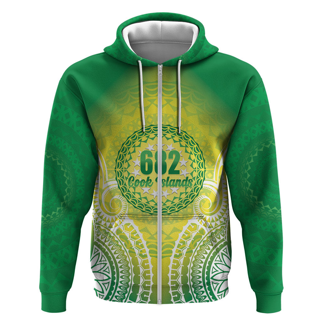 Cook Islands 682 Hoodie Kuki 'Airani Area Code Proud LT14 Zip Hoodie Green - Polynesian Pride