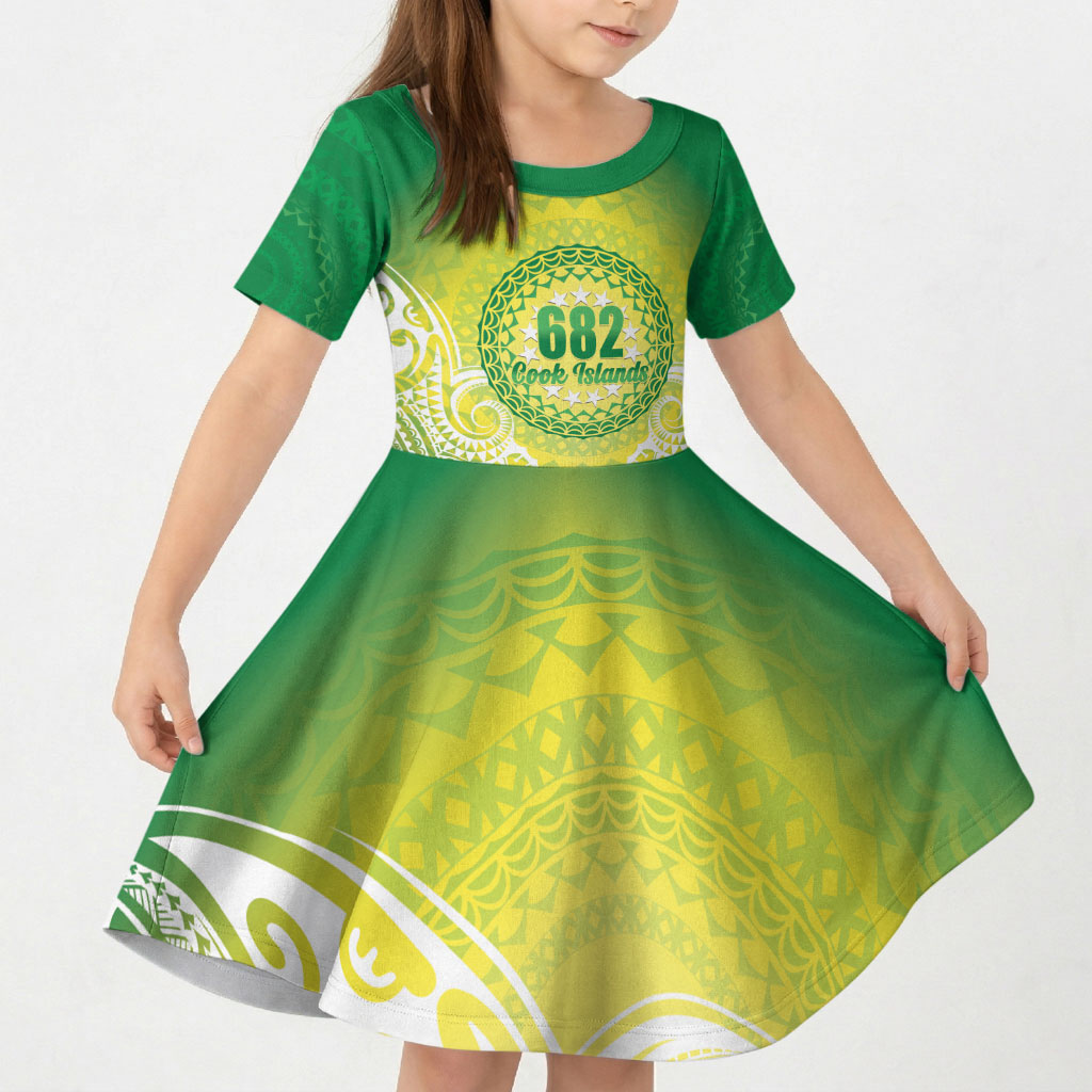 Cook Islands 682 Kid Short Sleeve Dress Kuki 'Airani Area Code Proud LT14 KID Green - Polynesian Pride